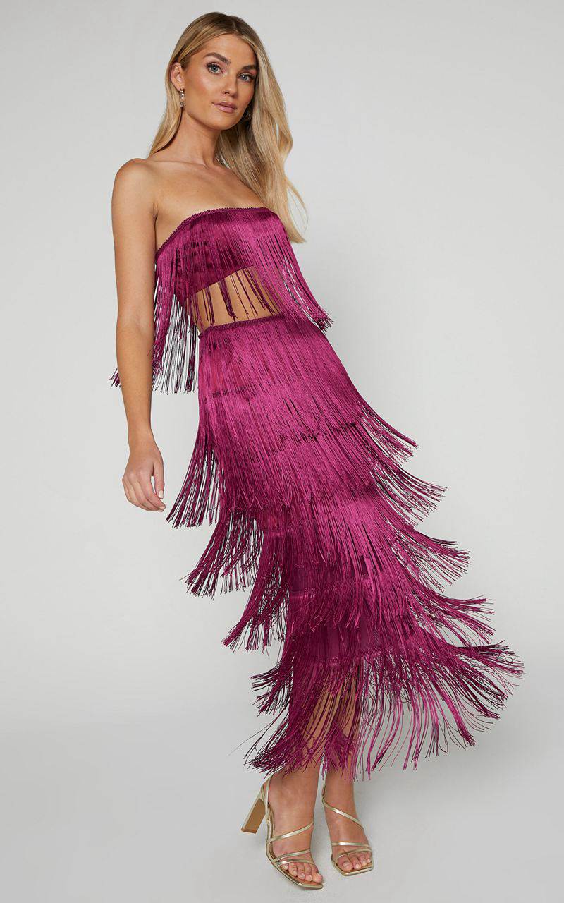 Showpo Amalee Two Piece Set - Fringe Strapless Crop Top And Midi Skirt Set Mulberry | HBKWOP104