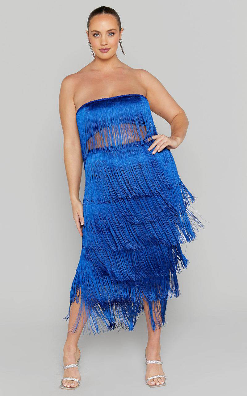 Showpo Amalee Two Piece Set - Fringe Strapless Crop Top And Midi Skirt Set Cobalt Blue | TSJMYG430