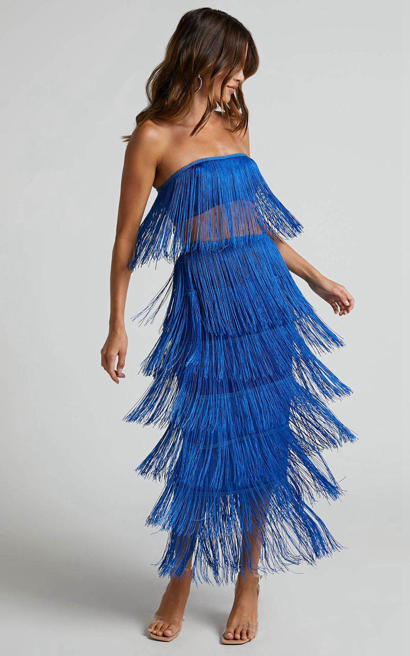 Showpo Amalee Two Piece Set - Fringe Strapless Crop Top And Midi Skirt Set Cobalt Blue | TSJMYG430