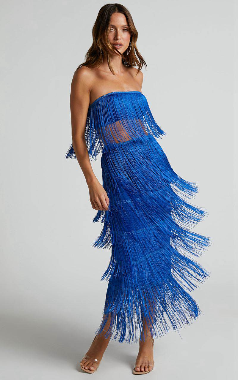 Showpo Amalee Two Piece Set - Fringe Strapless Crop Top And Midi Skirt Set Cobalt Blue | TSJMYG430