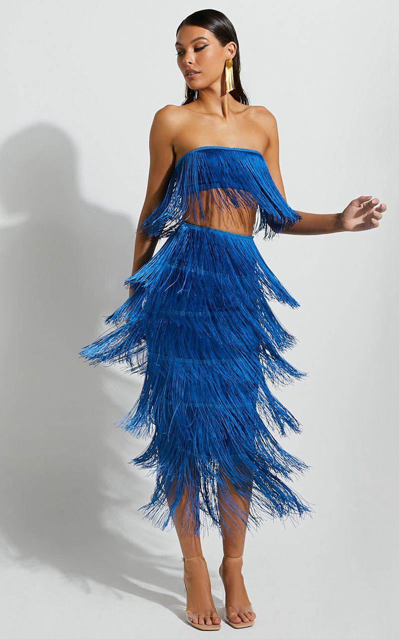 Showpo Amalee Two Piece Set - Fringe Strapless Crop Top And Midi Skirt Set Cobalt Blue | TSJMYG430