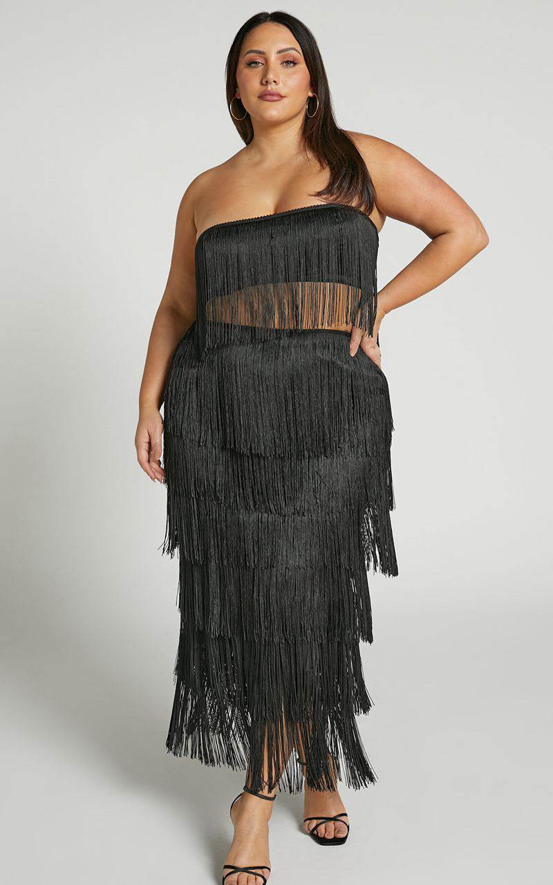 Showpo Amalee Two Piece Set - Fringe Strapless Crop Top And Midi Skirt Set Black | IWPGHD647