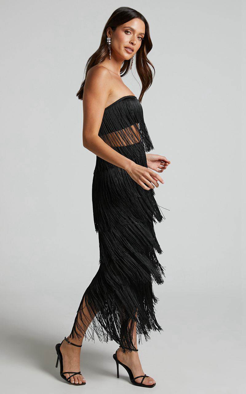 Showpo Amalee Two Piece Set - Fringe Strapless Crop Top And Midi Skirt Set Black | IWPGHD647