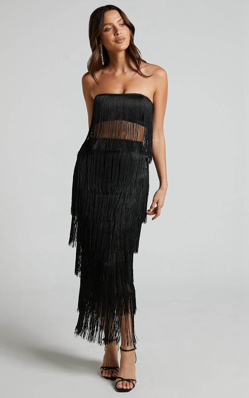 Showpo Amalee Two Piece Set - Fringe Strapless Crop Top And Midi Skirt Set Black | IWPGHD647