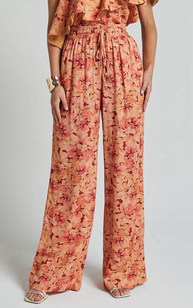 Showpo Amalie The Label - Adrienne Linen Blend Drawstring Wide Leg Pants Valencia Print | XKGUNO915