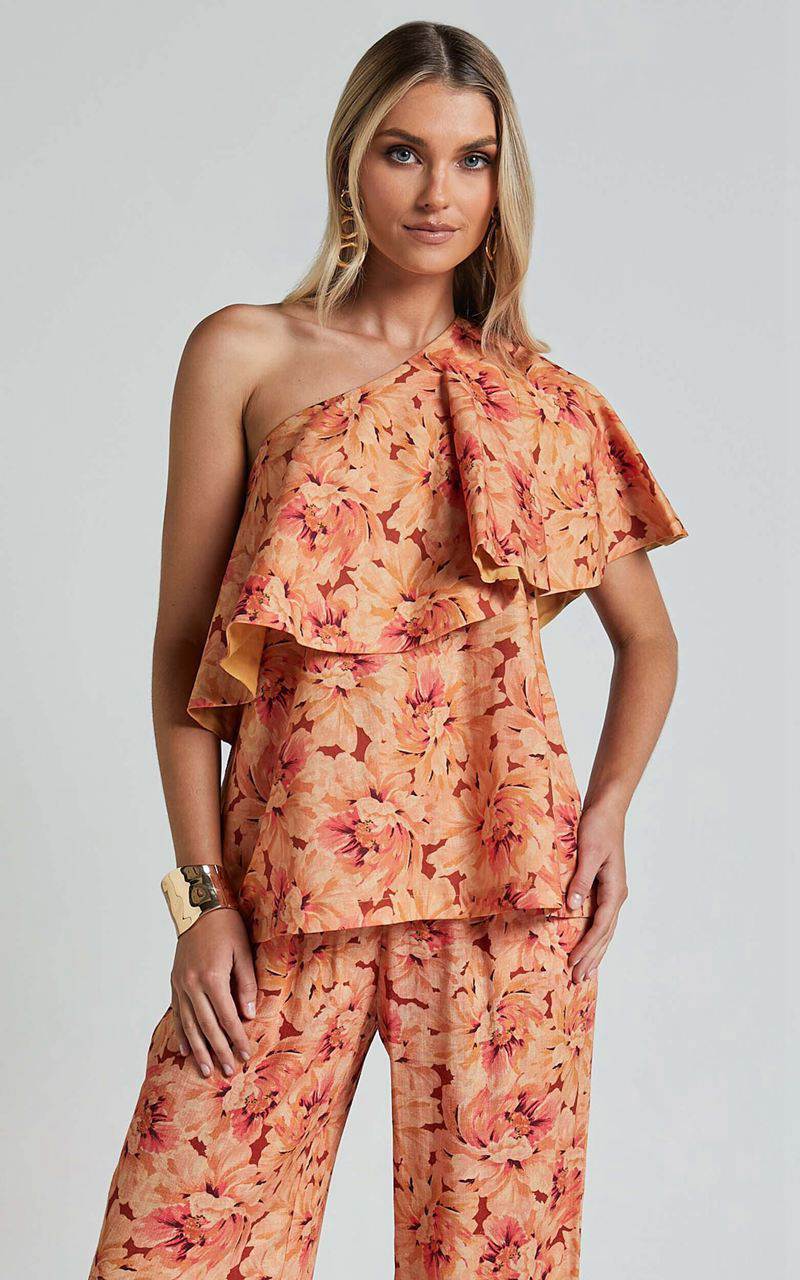 Showpo Amalie The Label - Aiko Linen Blend One Shoulder Frill Top Valencia Print | AHWYOV025