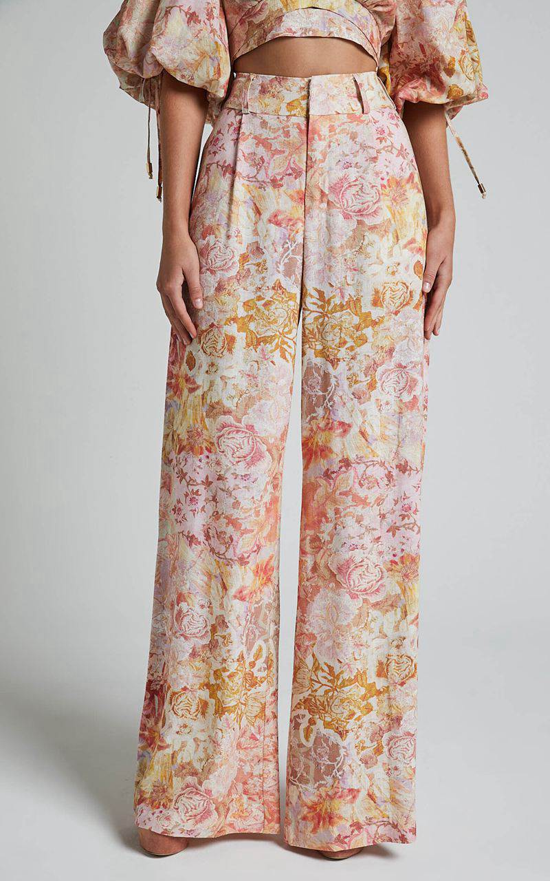 Showpo Amalie The Label - Aldina Linen Blend High Waisted Belted Straight Leg Pants Morocco Print | XMZKVS946