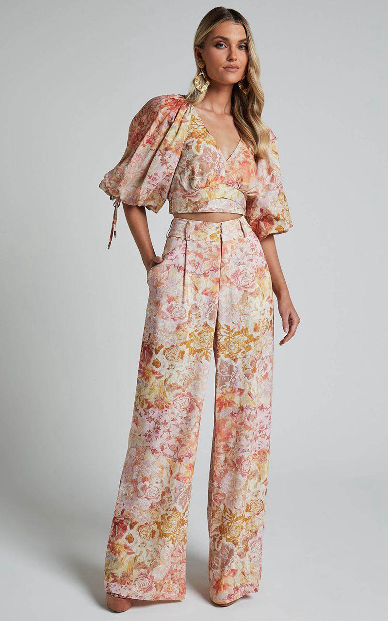 Showpo Amalie The Label - Aldina Linen Blend High Waisted Belted Straight Leg Pants Morocco Print | XMZKVS946