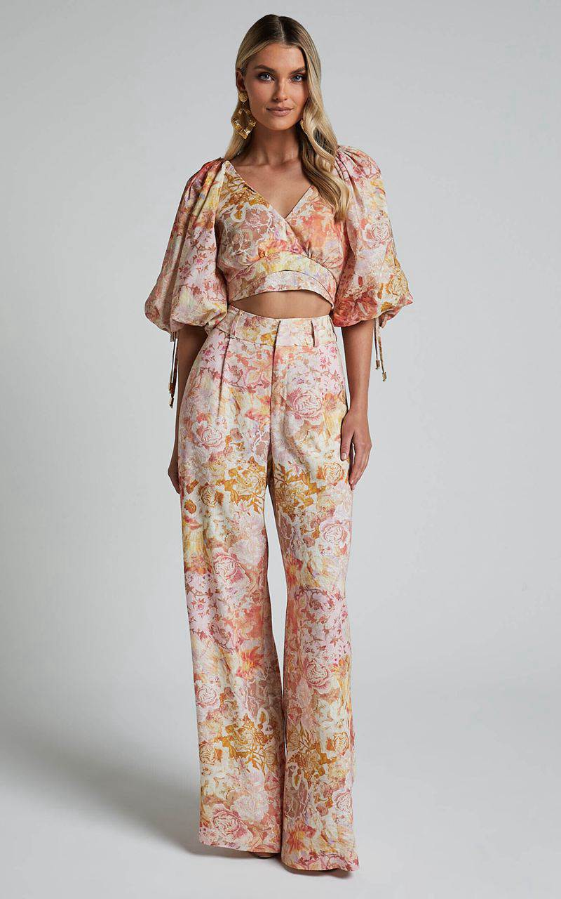 Showpo Amalie The Label - Aldina Linen Blend High Waisted Belted Straight Leg Pants Morocco Print | XMZKVS946