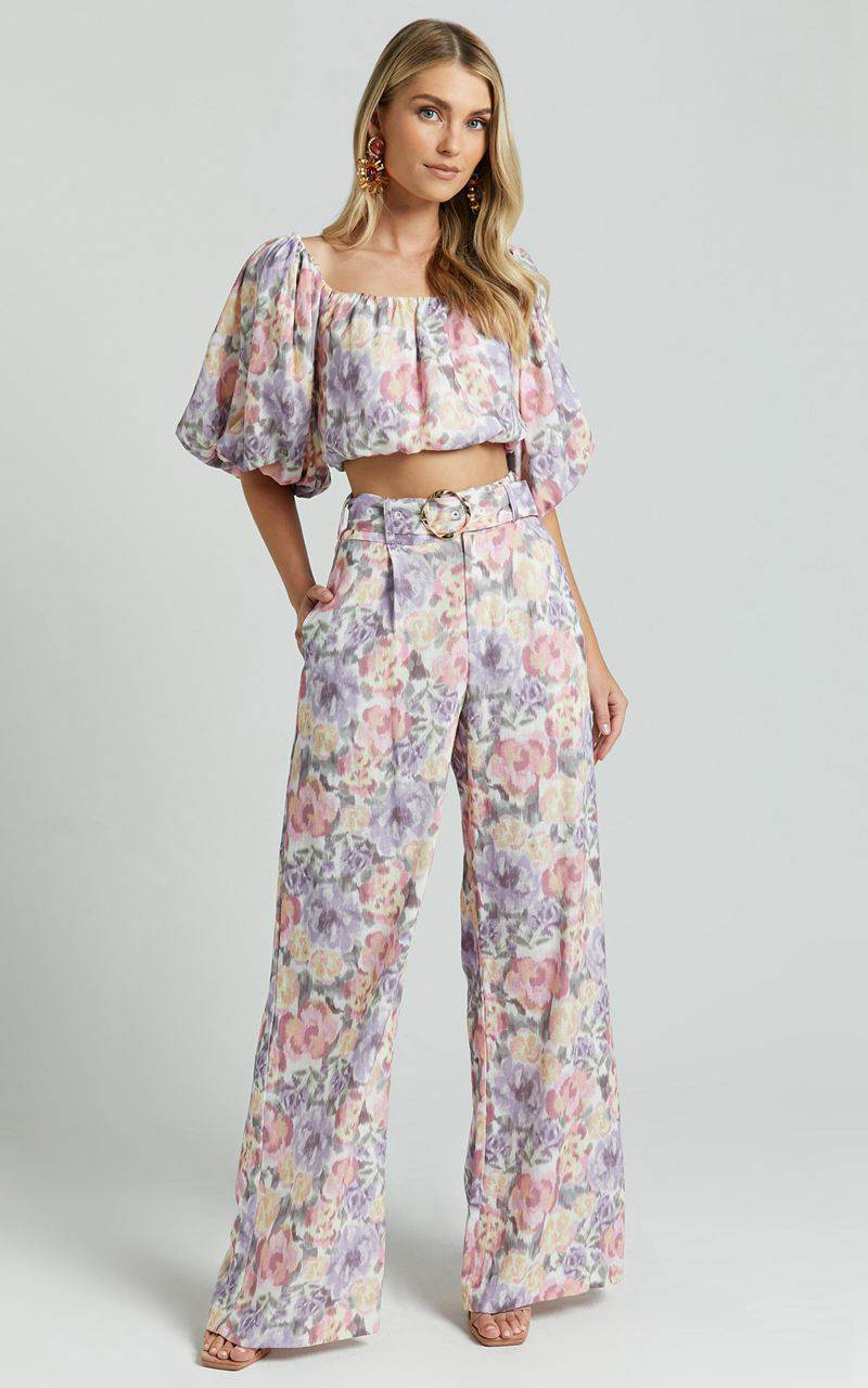 Showpo Amalie The Label - Aldina Linen Blend High Waisted Belted Straight Leg Pants Aurora Print | LDPEVF438