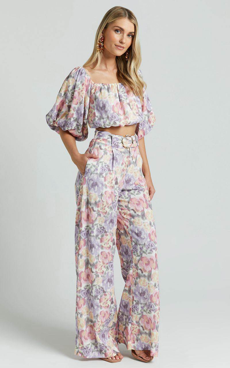 Showpo Amalie The Label - Aldina Linen Blend High Waisted Belted Straight Leg Pants Aurora Print | LDPEVF438