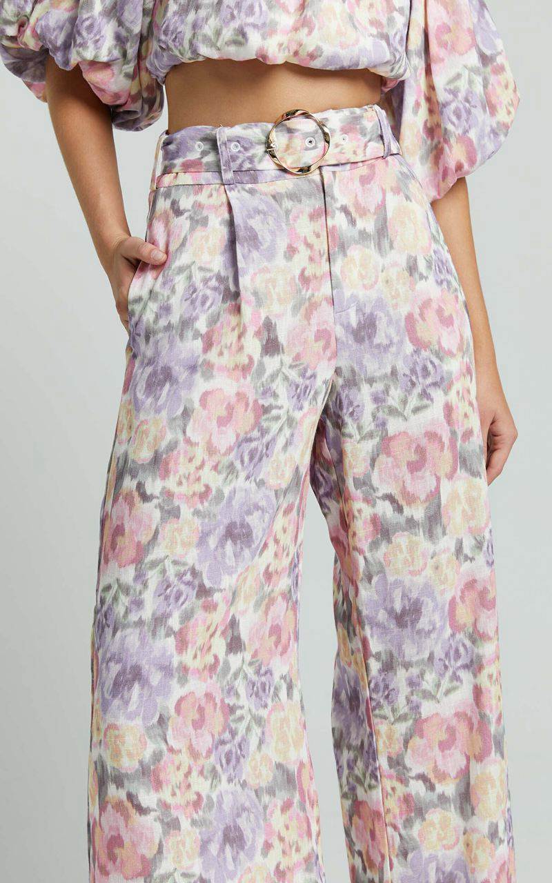 Showpo Amalie The Label - Aldina Linen Blend High Waisted Belted Straight Leg Pants Aurora Print | LDPEVF438