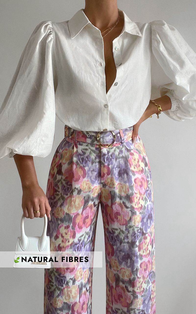 Showpo Amalie The Label - Aldina Linen Blend High Waisted Belted Straight Leg Pants Aurora Print | LDPEVF438