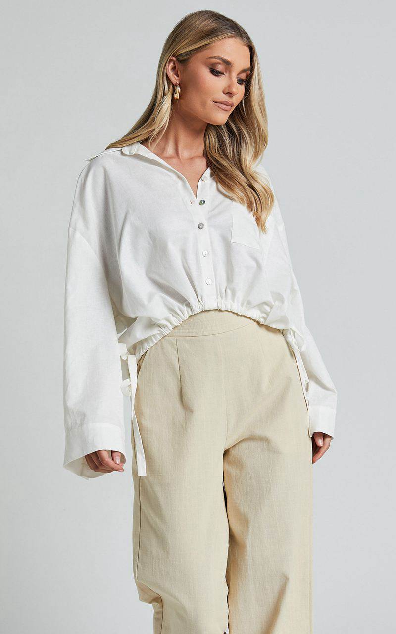 Showpo Amalie The Label - Alecia Linen Blend Side Tie Cropped Blouse White | FHPWYT681