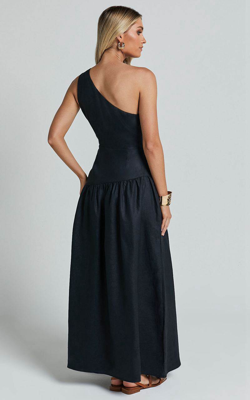 Showpo Amalie The Label - Alorah Linen Blend One Shoulder Dress Black | LFPCBO859