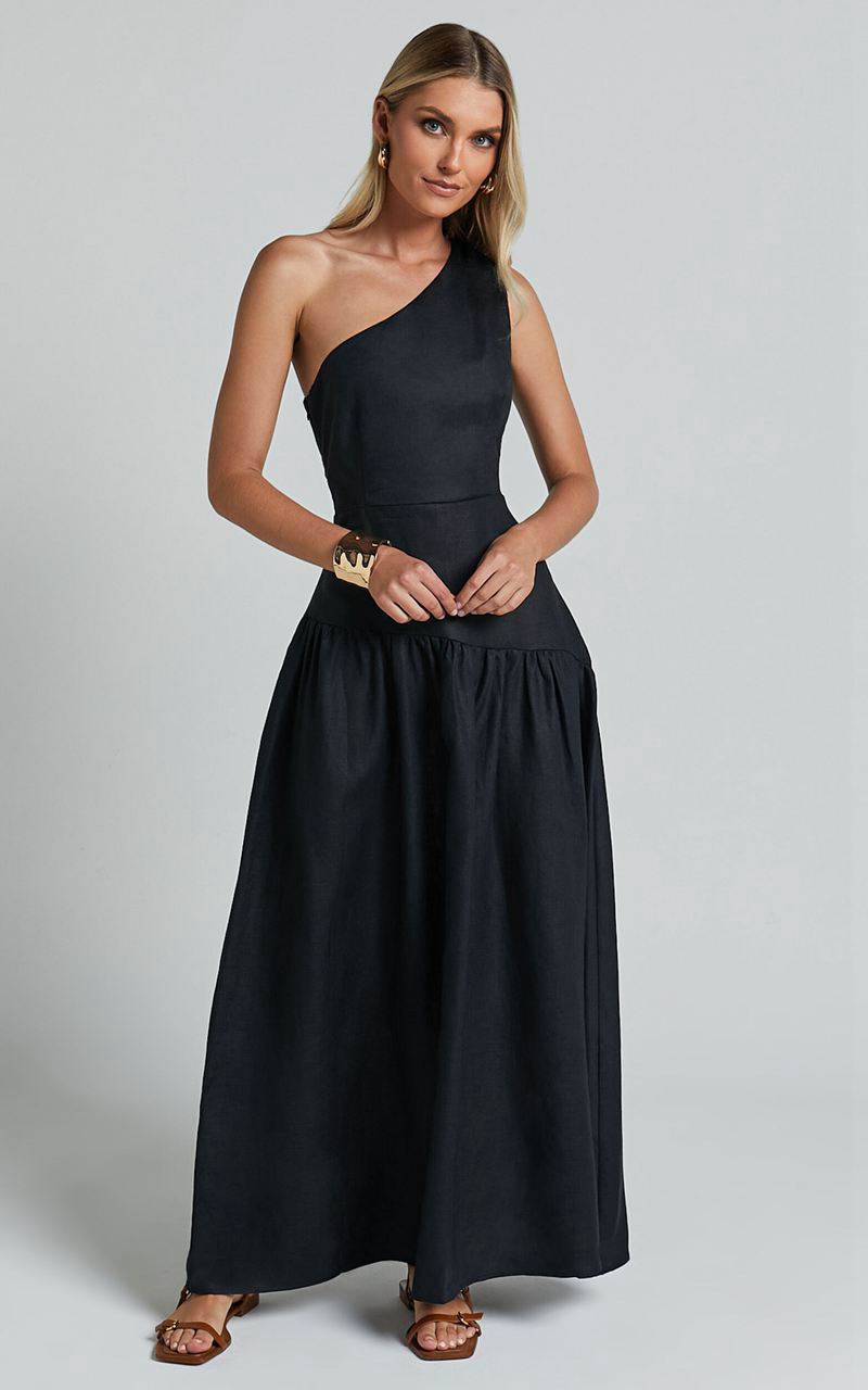 Showpo Amalie The Label - Alorah Linen Blend One Shoulder Dress Black | LFPCBO859