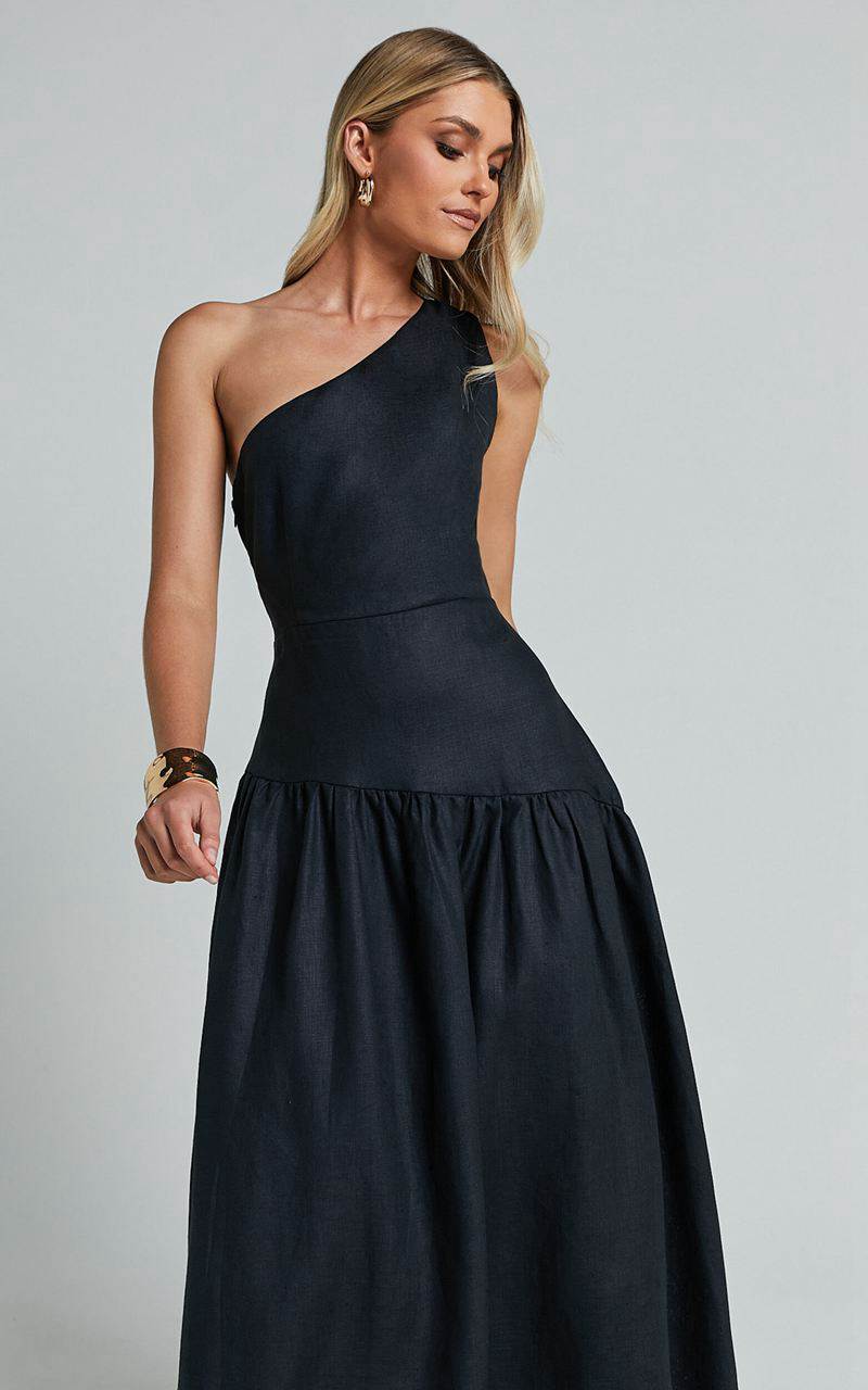 Showpo Amalie The Label - Alorah Linen Blend One Shoulder Dress Black | LFPCBO859