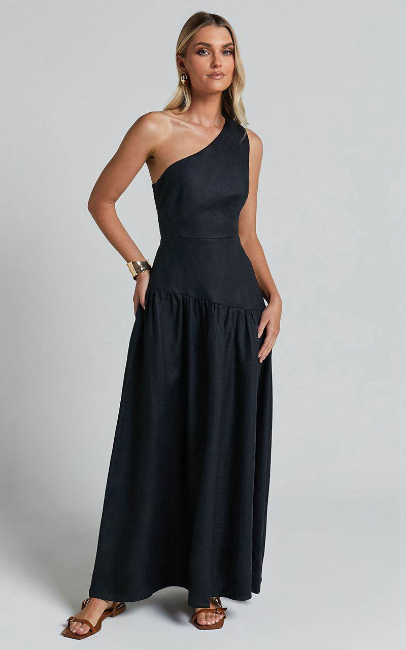 Showpo Amalie The Label - Alorah Linen Blend One Shoulder Dress Black | LFPCBO859