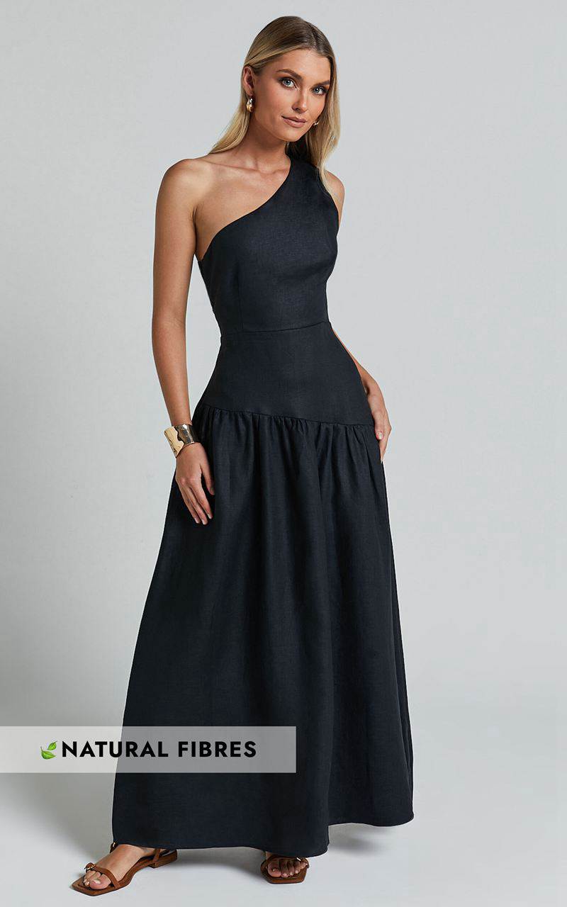 Showpo Amalie The Label - Alorah Linen Blend One Shoulder Dress Black | LFPCBO859