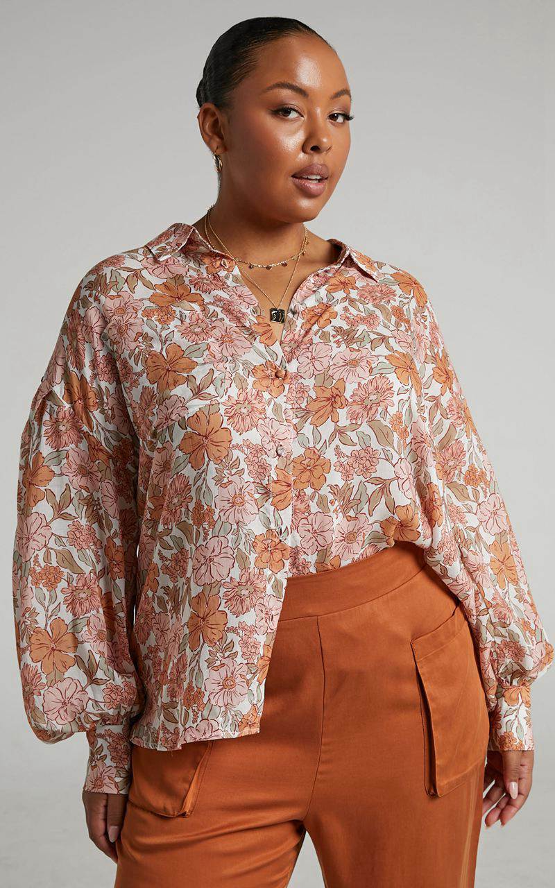 Showpo Amalie The Label - Azariah Balloon Sleeve Button Up Shirt Wildflower Floral | XBOKTJ085