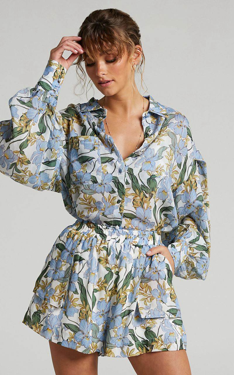 Showpo Amalie The Label - Azariah Balloon Sleeve Button Up Shirt Iris Floral | VDQPFX943