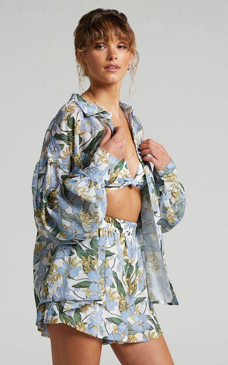 Showpo Amalie The Label - Azariah Balloon Sleeve Button Up Shirt Iris Floral | VDQPFX943