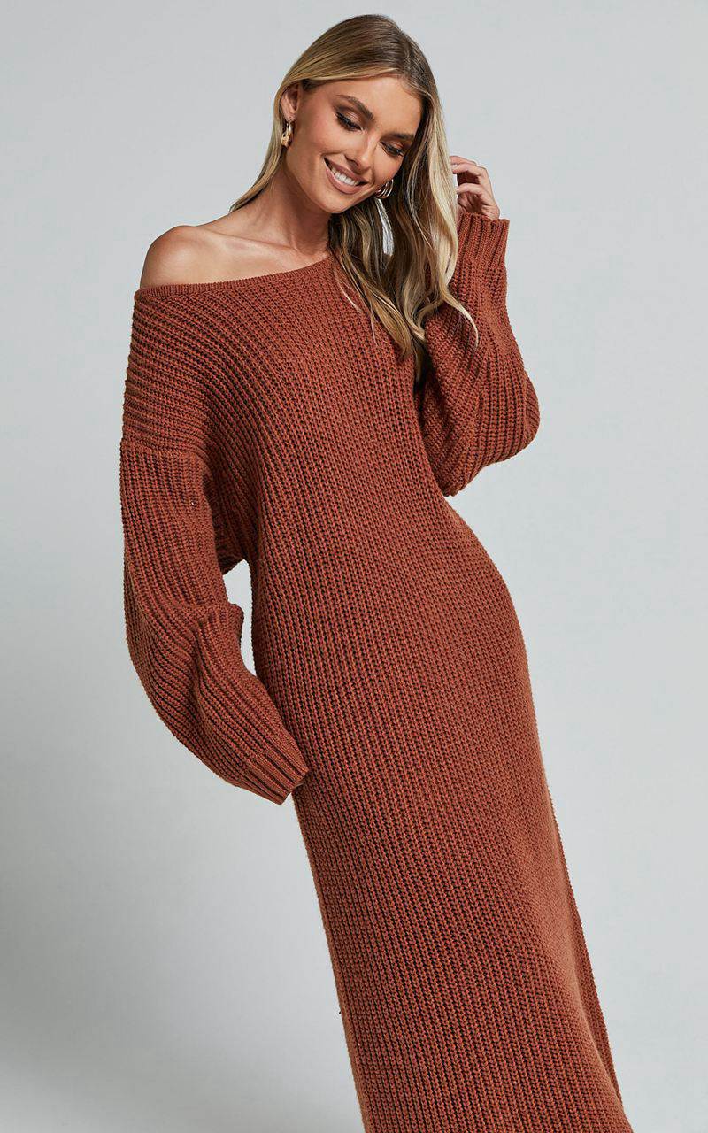 Showpo Amalie The Label - Beata Knitted Long Sleeve Midi Dress Rust | LMSZCF043