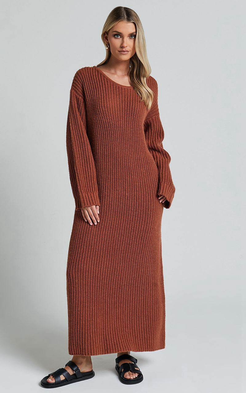 Showpo Amalie The Label - Beata Knitted Long Sleeve Midi Dress Rust | LMSZCF043