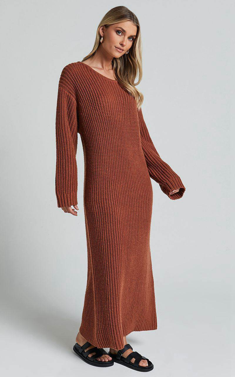 Showpo Amalie The Label - Beata Knitted Long Sleeve Midi Dress Rust | LMSZCF043