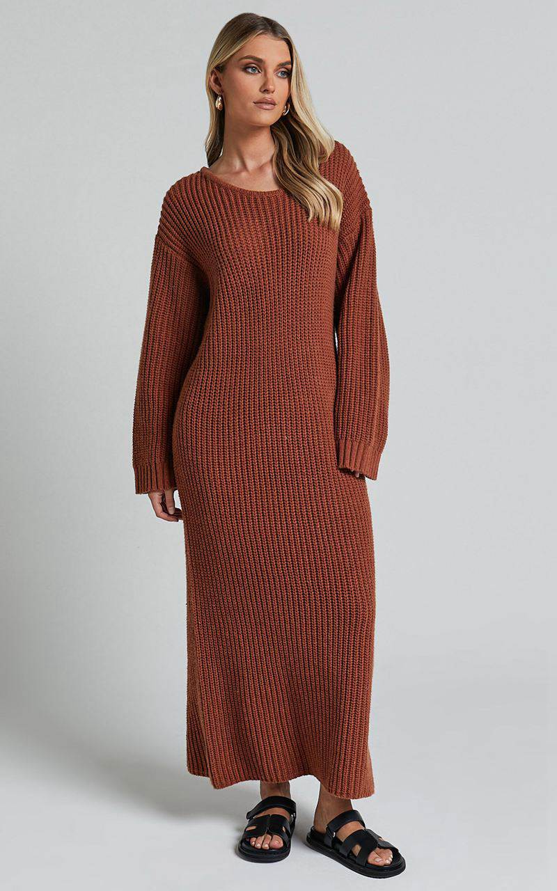 Showpo Amalie The Label - Beata Knitted Long Sleeve Midi Dress Rust | LMSZCF043