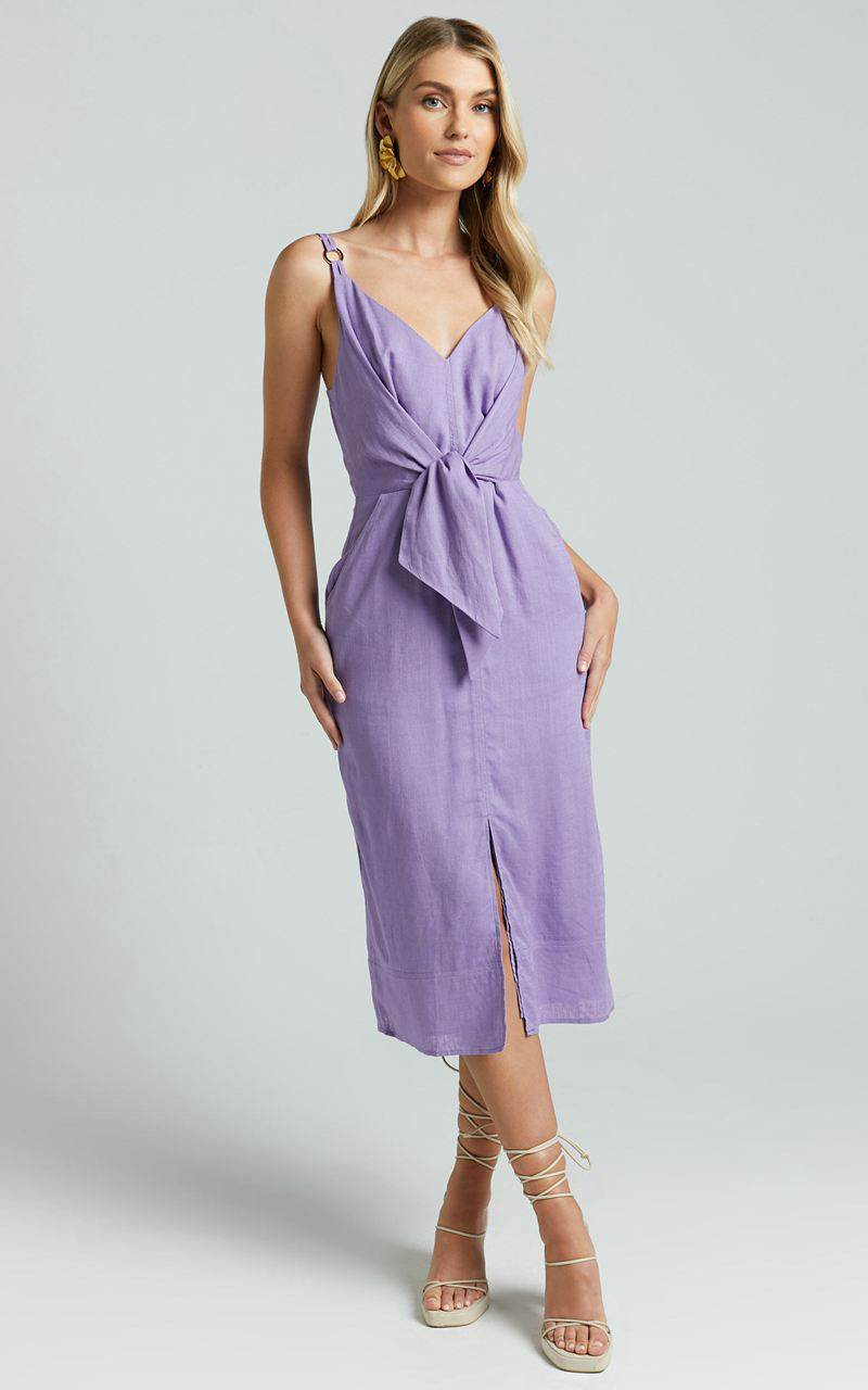 Showpo Amalie The Label - Camille Linen Blend V Neck Tie Waist Midi Dress Mauve | TJHLNA017