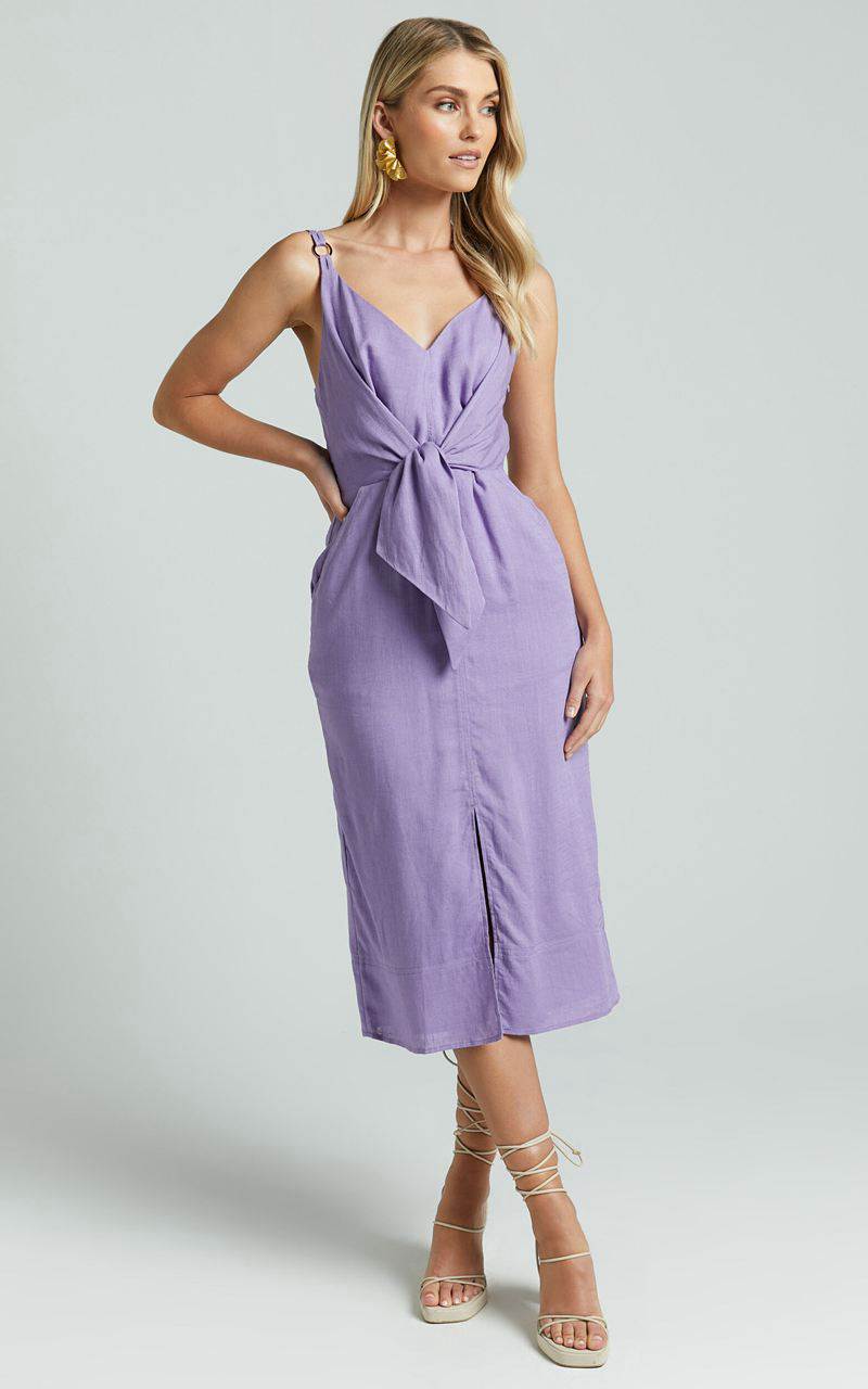 Showpo Amalie The Label - Camille Linen Blend V Neck Tie Waist Midi Dress Mauve | TJHLNA017