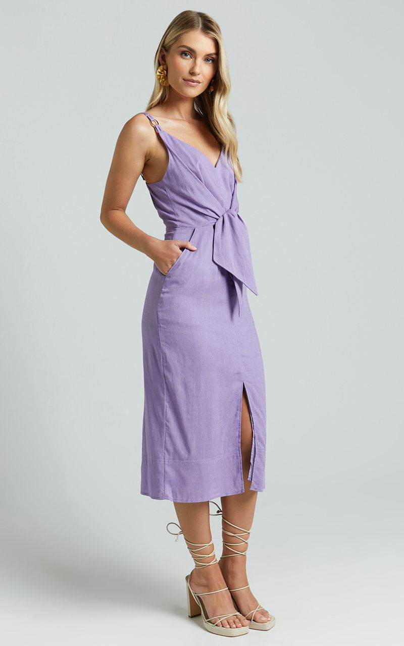 Showpo Amalie The Label - Camille Linen Blend V Neck Tie Waist Midi Dress Mauve | TJHLNA017