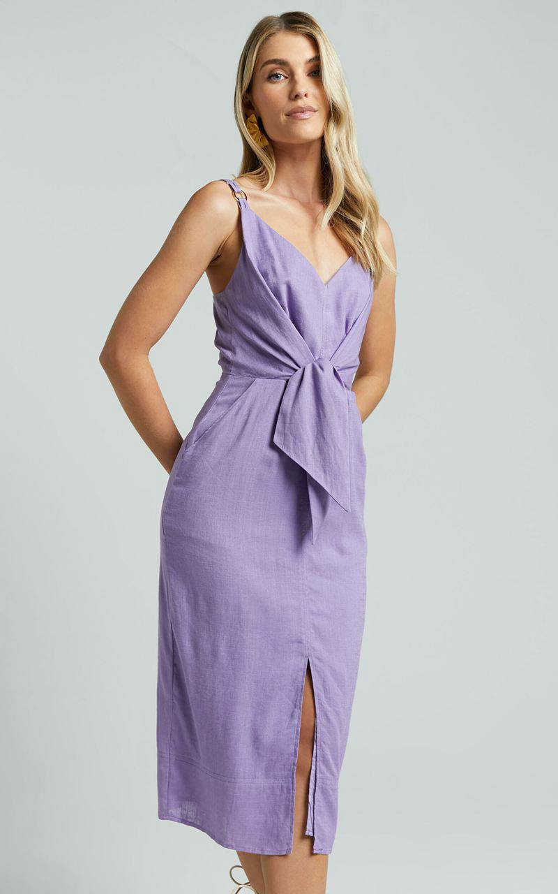 Showpo Amalie The Label - Camille Linen Blend V Neck Tie Waist Midi Dress Mauve | TJHLNA017