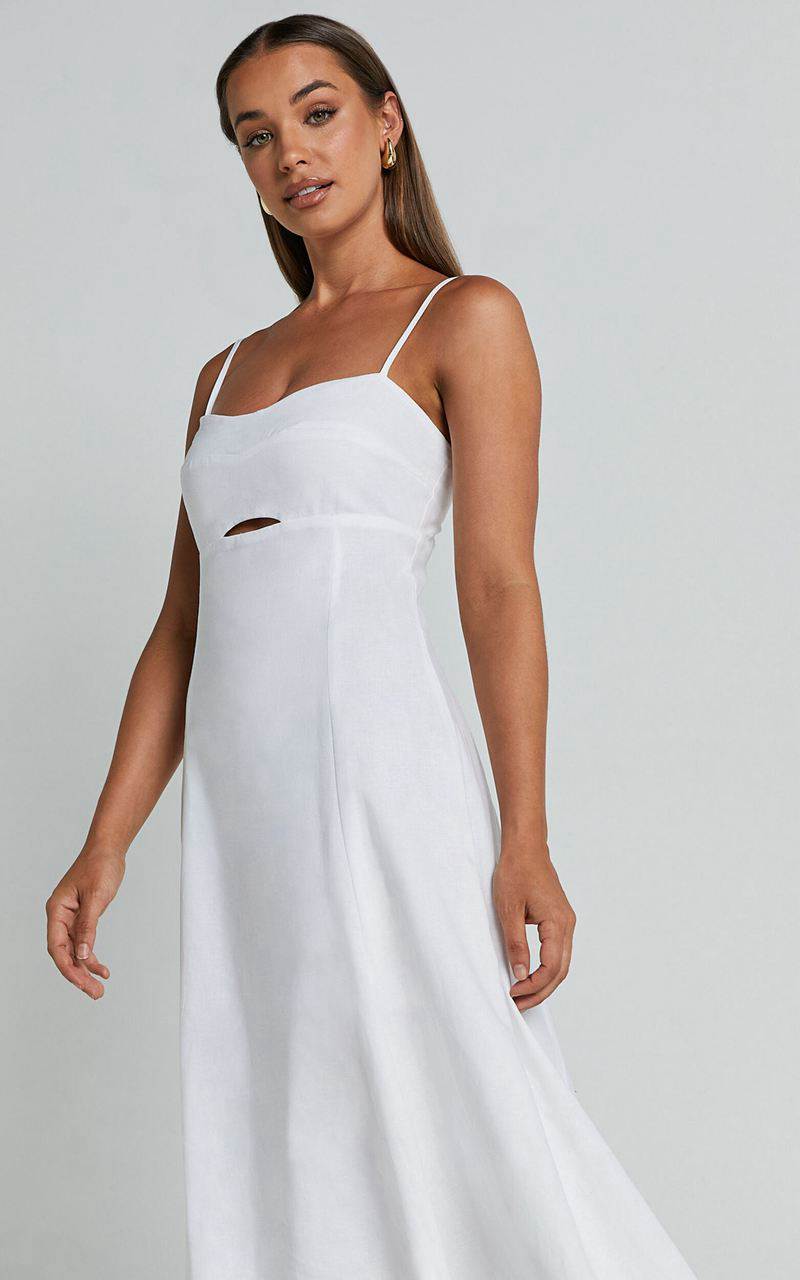 Showpo Amalie The Label - Carietta Linen Blend Strappy Sweetheart Cut Out A Line Midi Dress White | PZULRN548