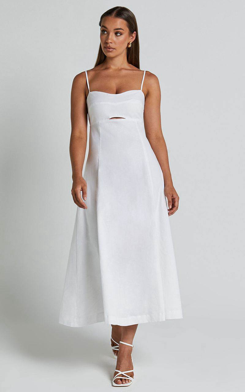 Showpo Amalie The Label - Carietta Linen Blend Strappy Sweetheart Cut Out A Line Midi Dress White | PZULRN548