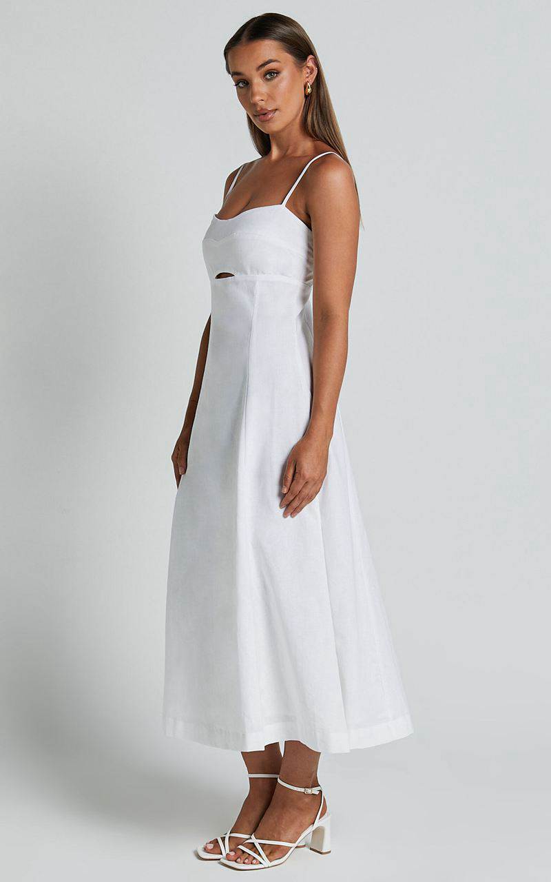 Showpo Amalie The Label - Carietta Linen Blend Strappy Sweetheart Cut Out A Line Midi Dress White | PZULRN548