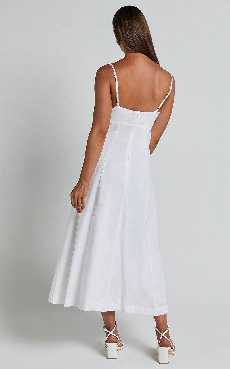 Showpo Amalie The Label - Carietta Linen Blend Strappy Sweetheart Cut Out A Line Midi Dress White | PZULRN548