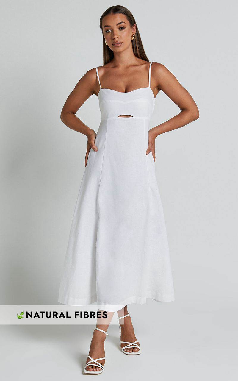 Showpo Amalie The Label - Carietta Linen Blend Strappy Sweetheart Cut Out A Line Midi Dress White | PZULRN548