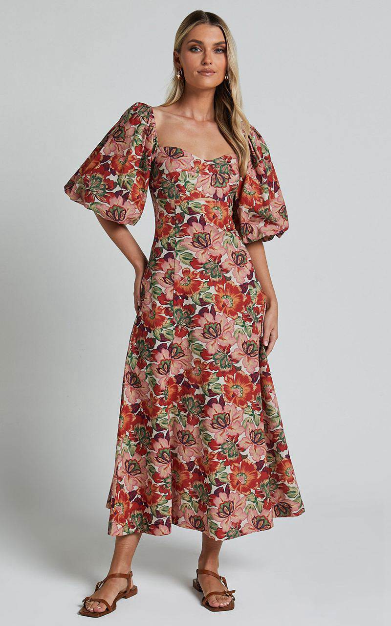 Showpo Amalie The Label - Catalina Linen Blend Sweetheart Balloon Sleeve Midi Dress Musee Print | KMTELD401