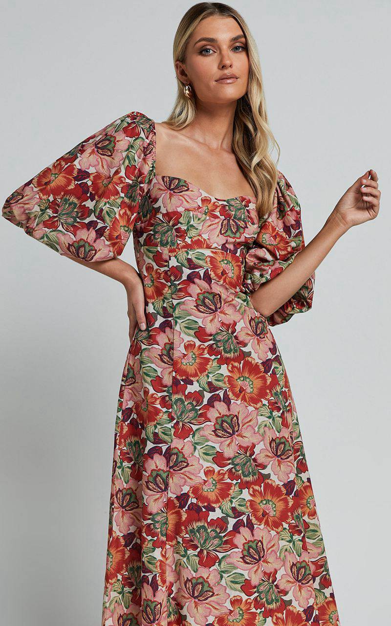 Showpo Amalie The Label - Catalina Linen Blend Sweetheart Balloon Sleeve Midi Dress Musee Print | KMTELD401