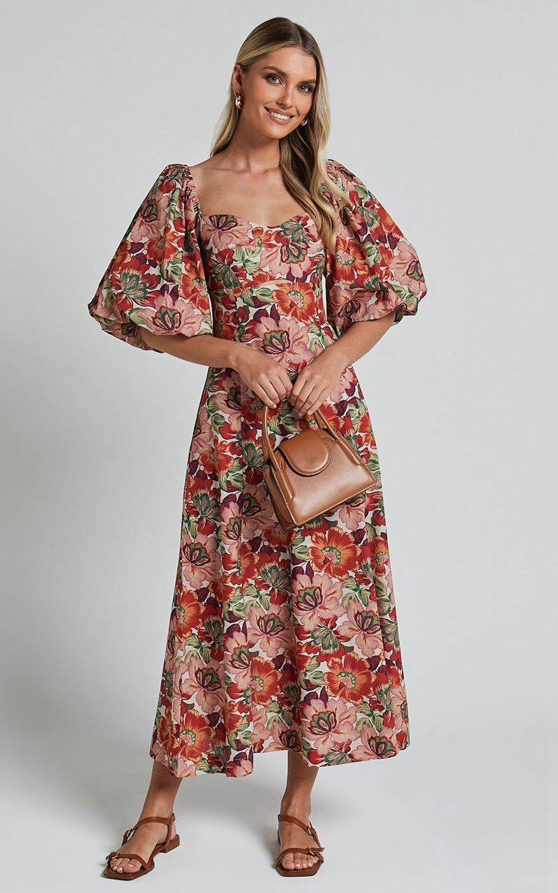 Showpo Amalie The Label - Catalina Linen Blend Sweetheart Balloon Sleeve Midi Dress Musee Print | KMTELD401