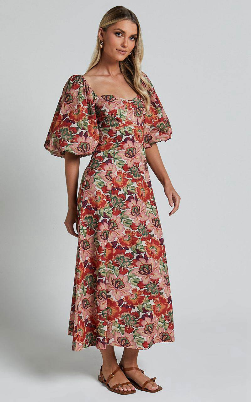 Showpo Amalie The Label - Catalina Linen Blend Sweetheart Balloon Sleeve Midi Dress Musee Print | KMTELD401