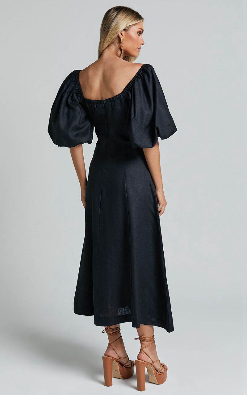 Showpo Amalie The Label - Catalina Linen Blend Sweetheart Balloon Sleeve Midi Dress Black | FSIKZP936