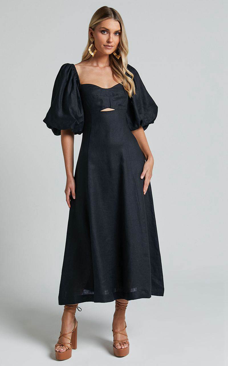 Showpo Amalie The Label - Catalina Linen Blend Sweetheart Balloon Sleeve Midi Dress Black | FSIKZP936