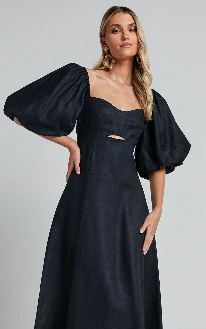 Showpo Amalie The Label - Catalina Linen Blend Sweetheart Balloon Sleeve Midi Dress Black | FSIKZP936