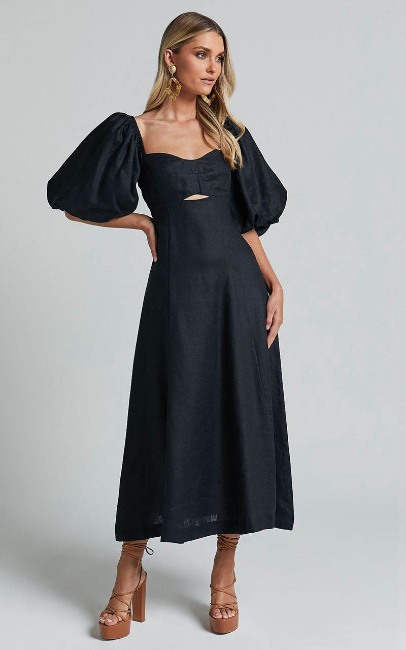 Showpo Amalie The Label - Catalina Linen Blend Sweetheart Balloon Sleeve Midi Dress Black | FSIKZP936