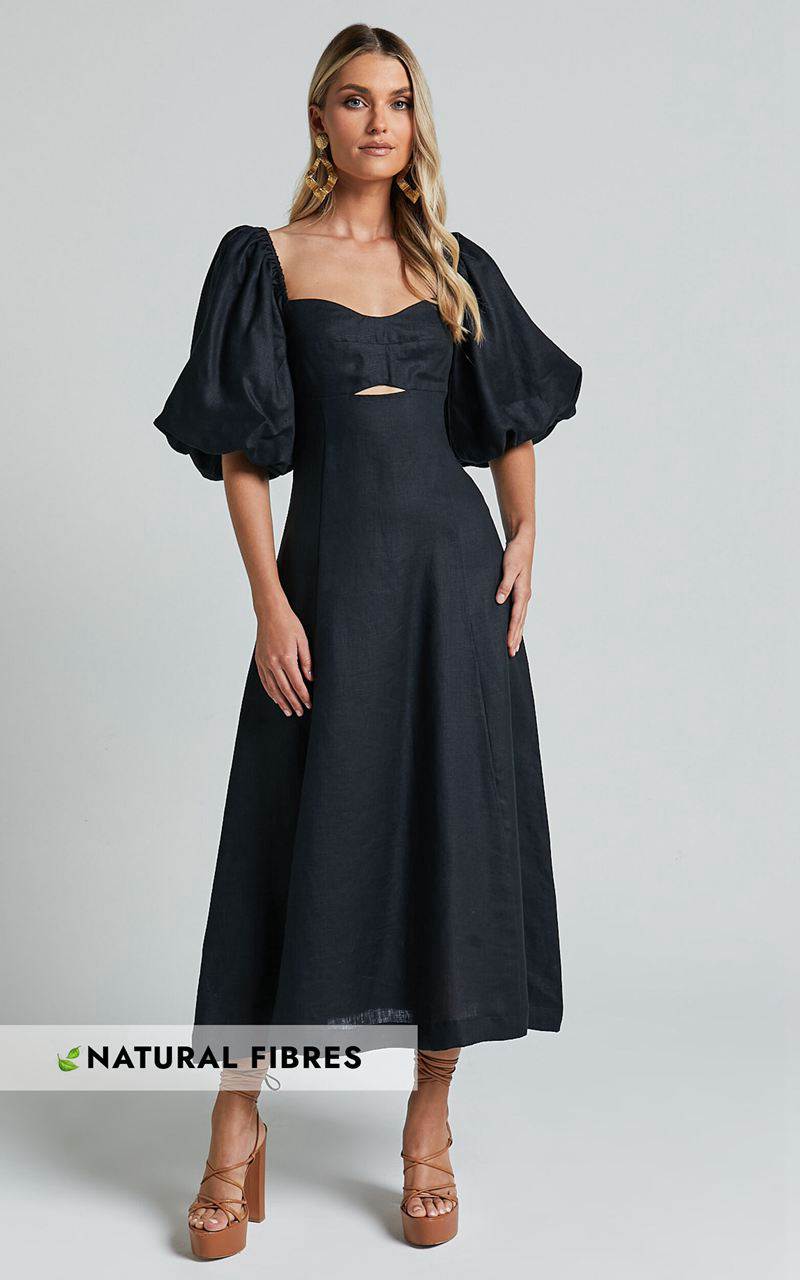 Showpo Amalie The Label - Catalina Linen Blend Sweetheart Balloon Sleeve Midi Dress Black | FSIKZP936