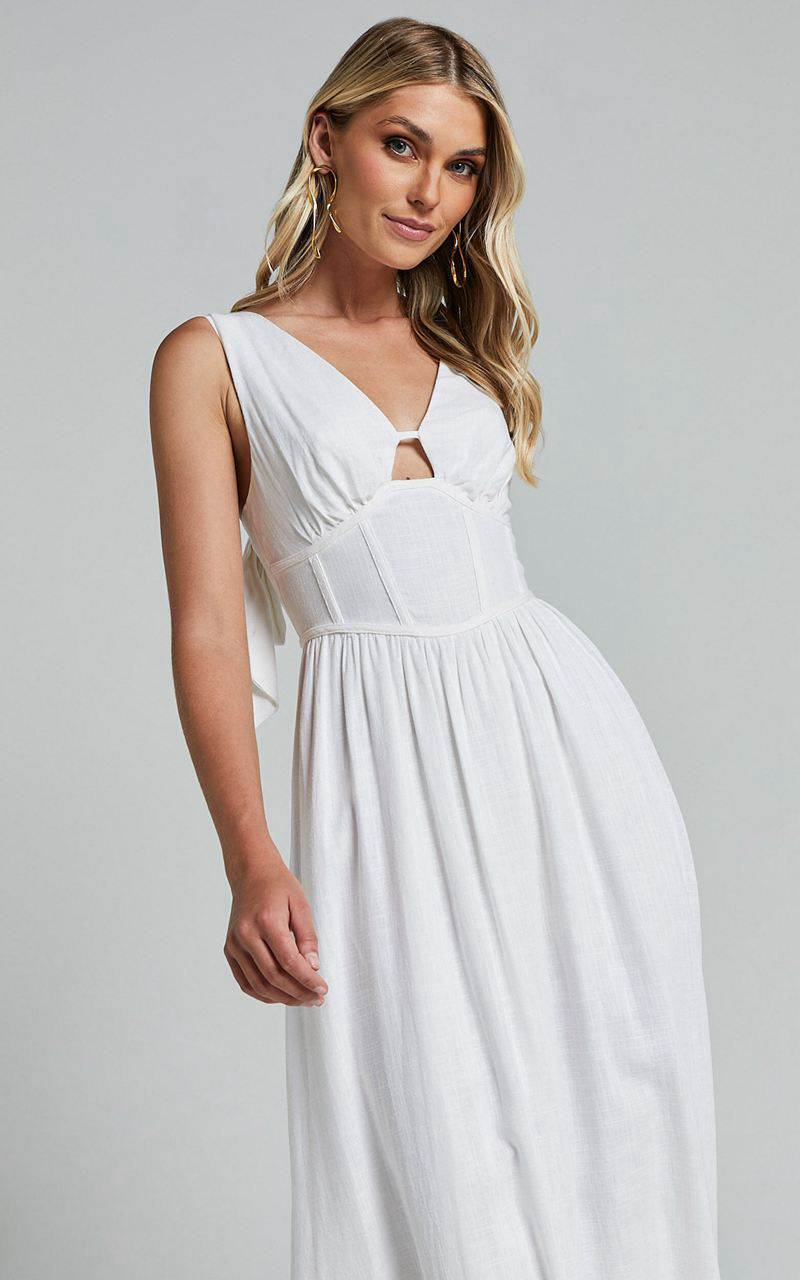 Showpo Amalie The Label - Chamika Linen Blend Bustier Double Tie Back Midi Dress White | HZONBQ869