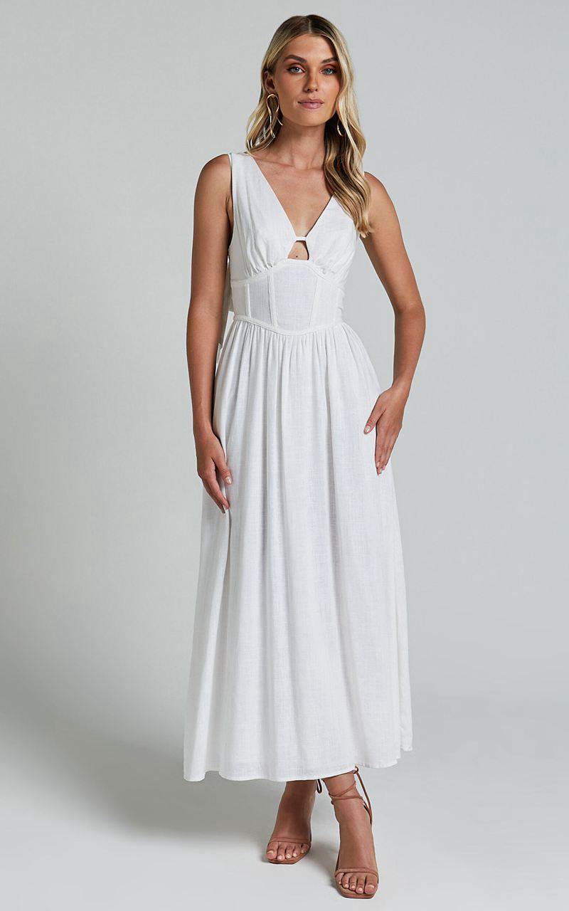 Showpo Amalie The Label - Chamika Linen Blend Bustier Double Tie Back Midi Dress White | HZONBQ869